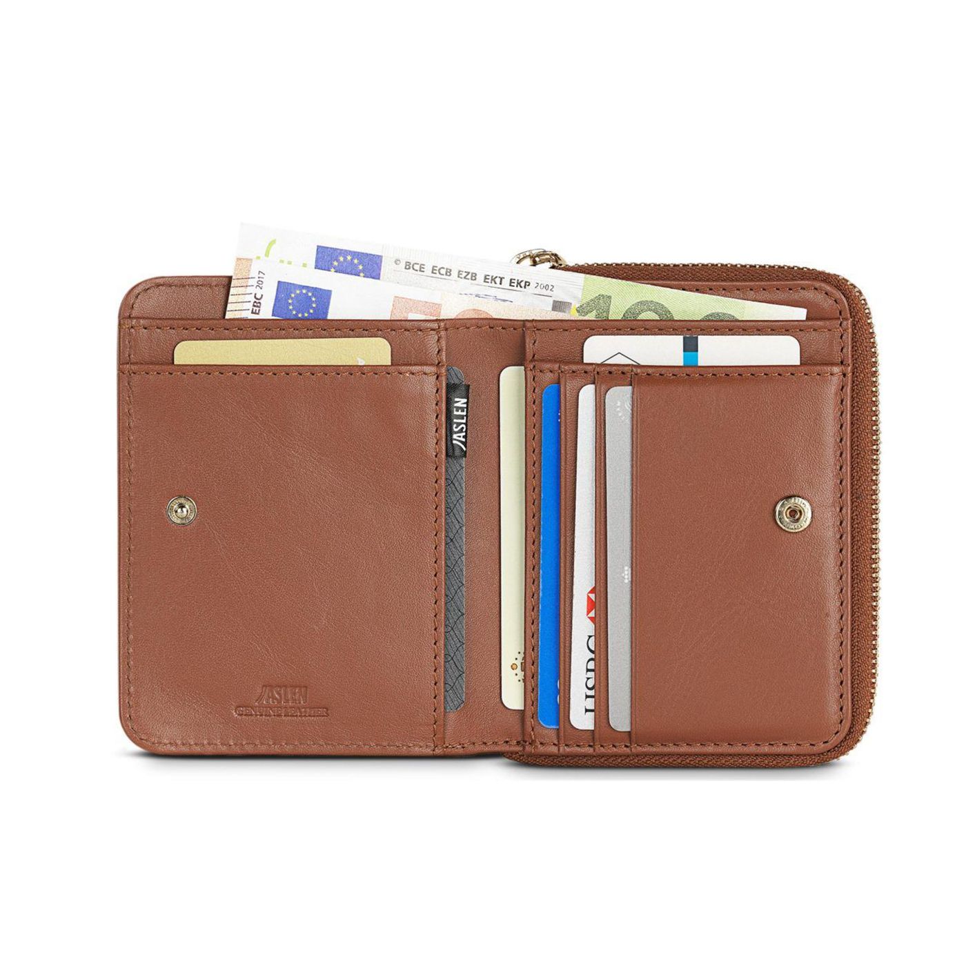 Cartera de piel mujer Jaslen marrón capacidad interior