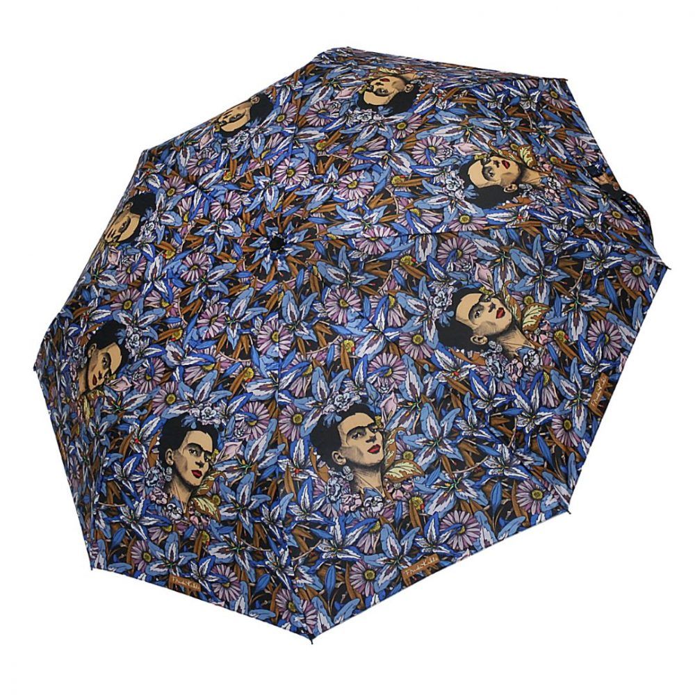 Paraguas plegable Frida flores azules mujer abierto