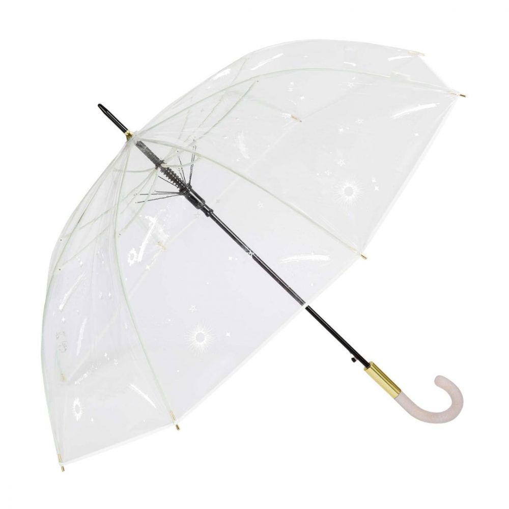 Paraguas largo transparente blanco con dibujos del Universo de Bisetti abierto