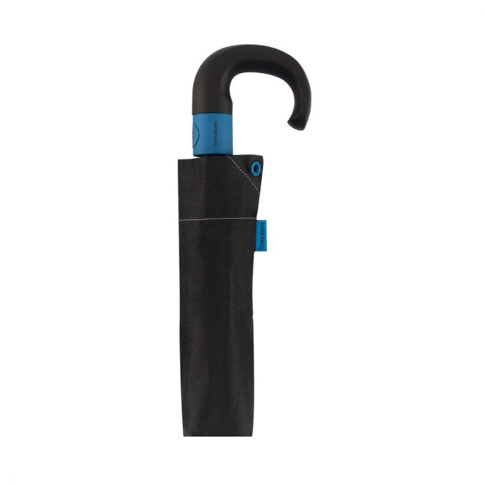 Paraguas plegable de hombre en color negro de Bisetti detalle de mango en color azul