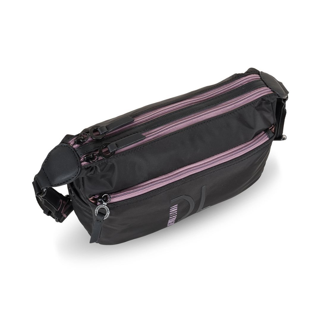 Bolso bandolera de tela doble compartimento Devota y Lomba negra detalle de compartimentos Bolso bandolera de tela doble compartimento Devota y Lomba negra detalle de compartimentos