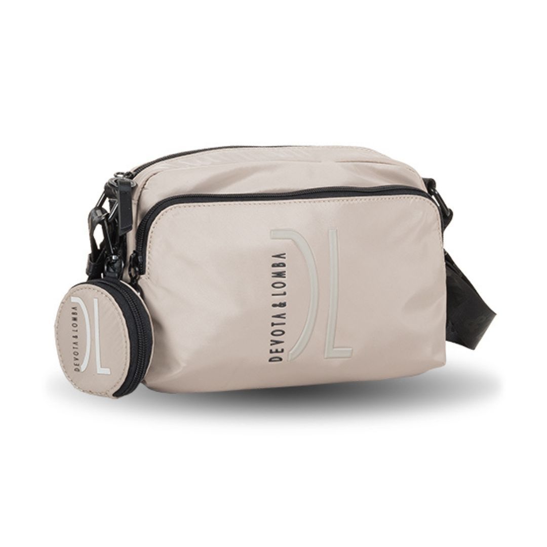 Bolso bandolera de tela multibolsillos Devota y Lomba taupe lateral Bolso bandolera de tela multibolsillos Devota y Lomba taupe lateral