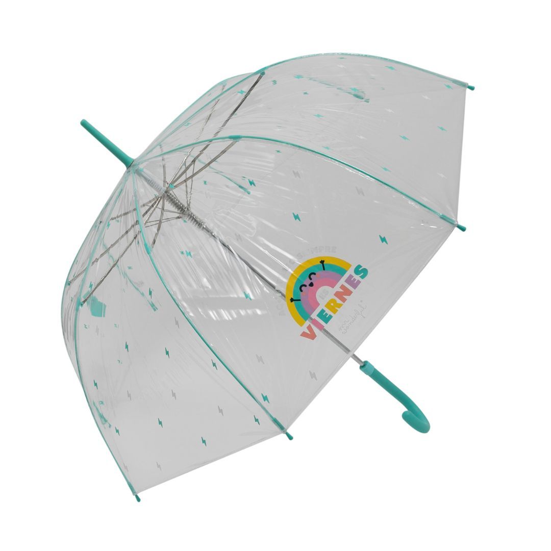 Paraguas largo transparente Mr. Wonderful Aquí debajo siempre es viernes abierto lateral Paraguas largo transparente Mr. Wonderful Aquí debajo siempre es viernes abierto lateral