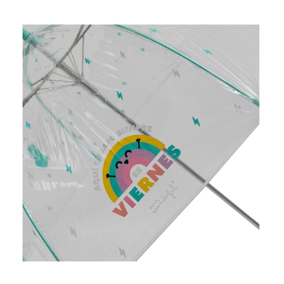 Paraguas largo transparente Mr. Wonderful Aquí debajo siempre es viernes detalle de dibujo Paraguas largo transparente Mr. Wonderful Aquí debajo siempre es viernes detalle de dibujo