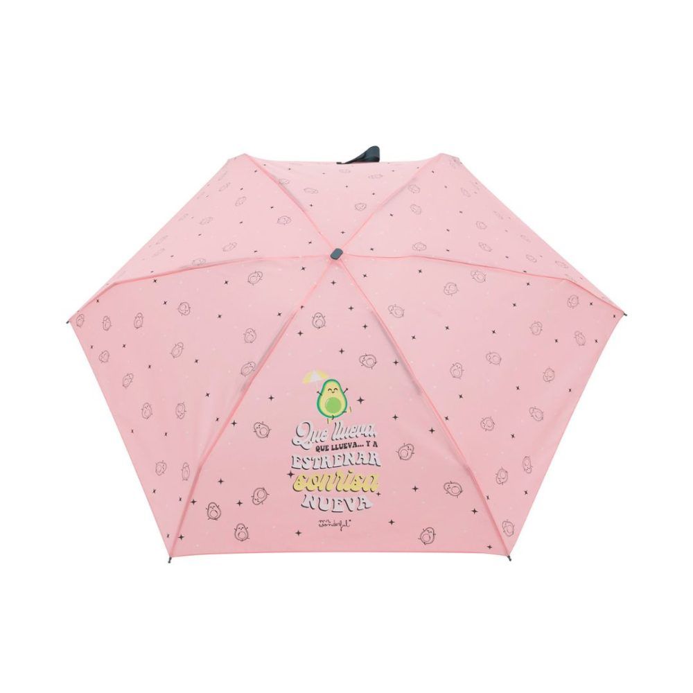 Paraguas Mr Wonderful plegable rosa abierto con detalle de frase