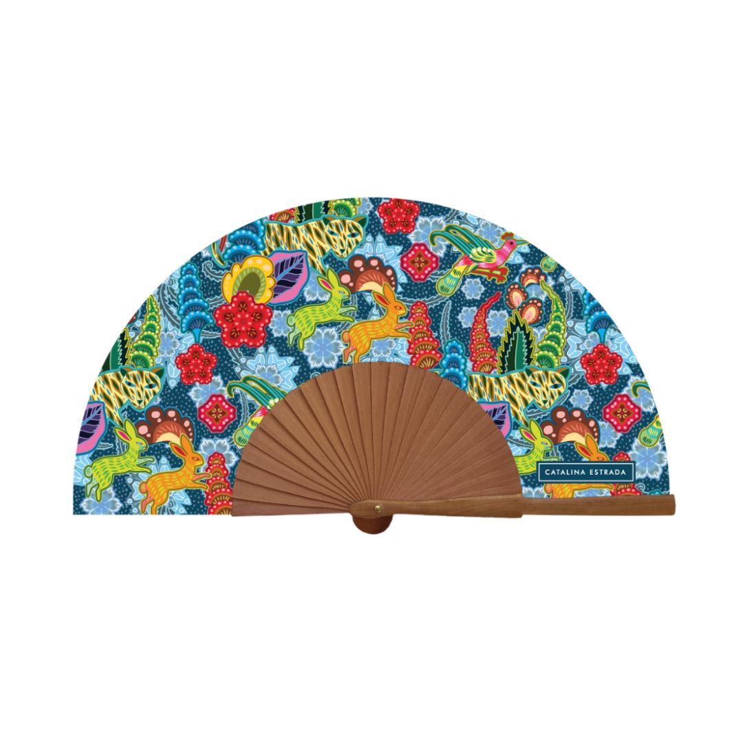Abanico de madera Catalina Estrada Bunnies azul claro