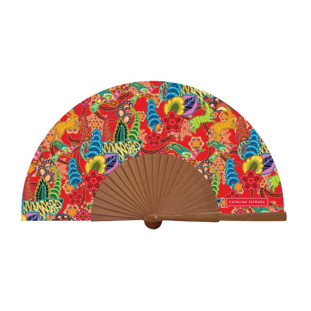 Abanico de madera Catalina Estrada Bunnies rojo