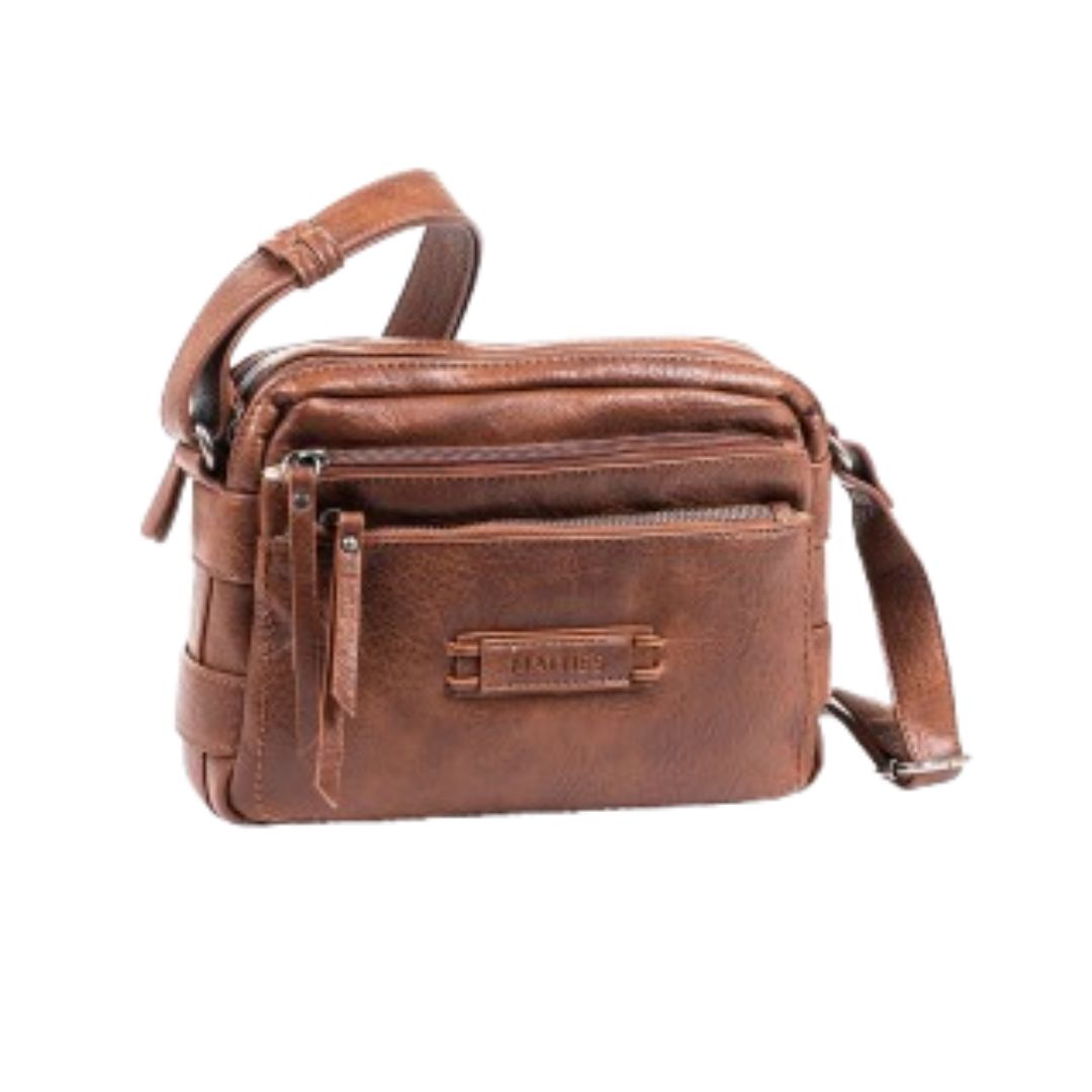 Bolso bandolera doble compartimento Matties color cuero frontal