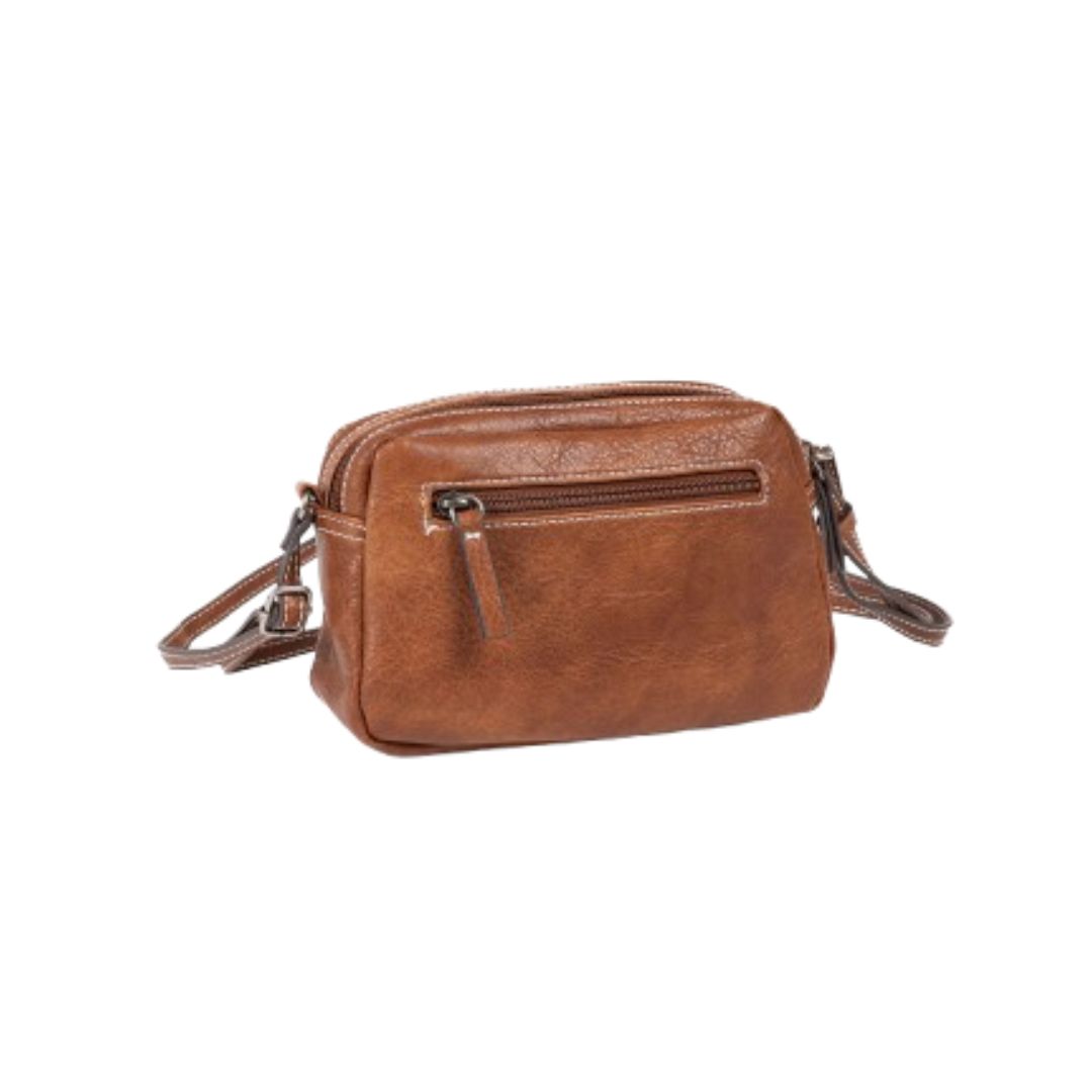 Bolso bandolera pequeño doble compartimento Matties color cuero trasera Bolso bandolera pequeño doble compartimento Matties color cuero trasera