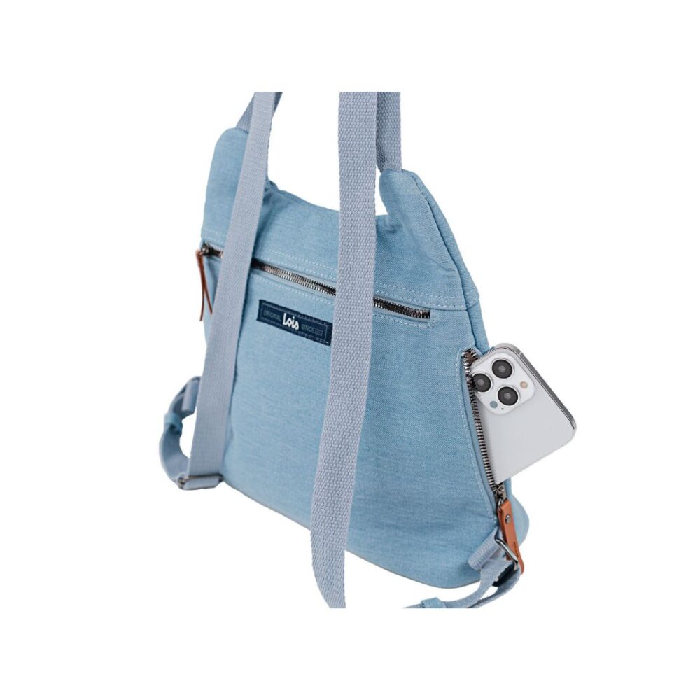 Mochila antirrobo Lois azul detalle de bolso lateral