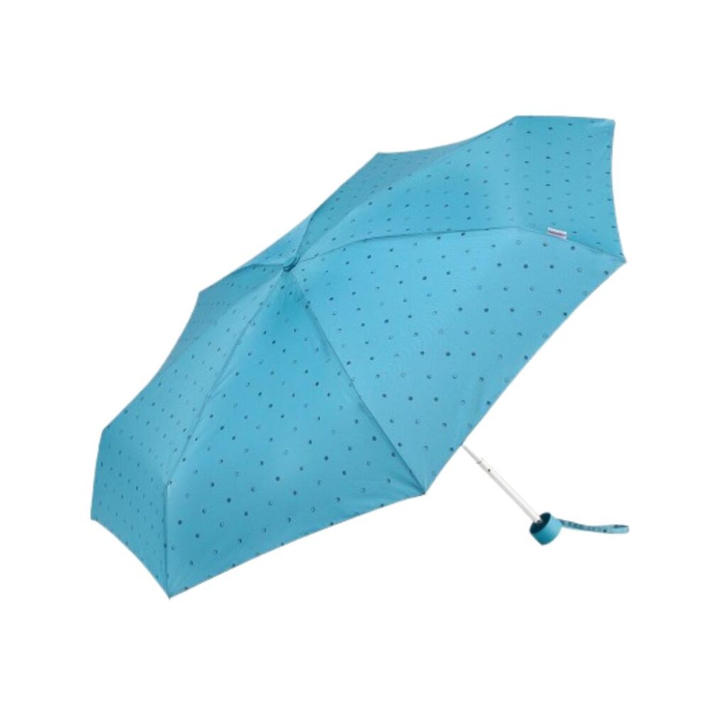 Paraguas plegable mini con lunares azul claro abierto