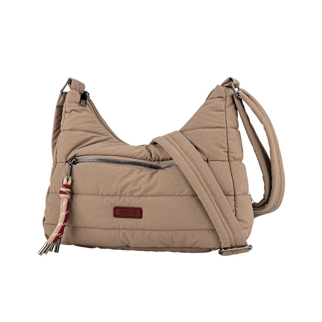 Bolso bandolera skpat acolchado beige detalle de bandolera