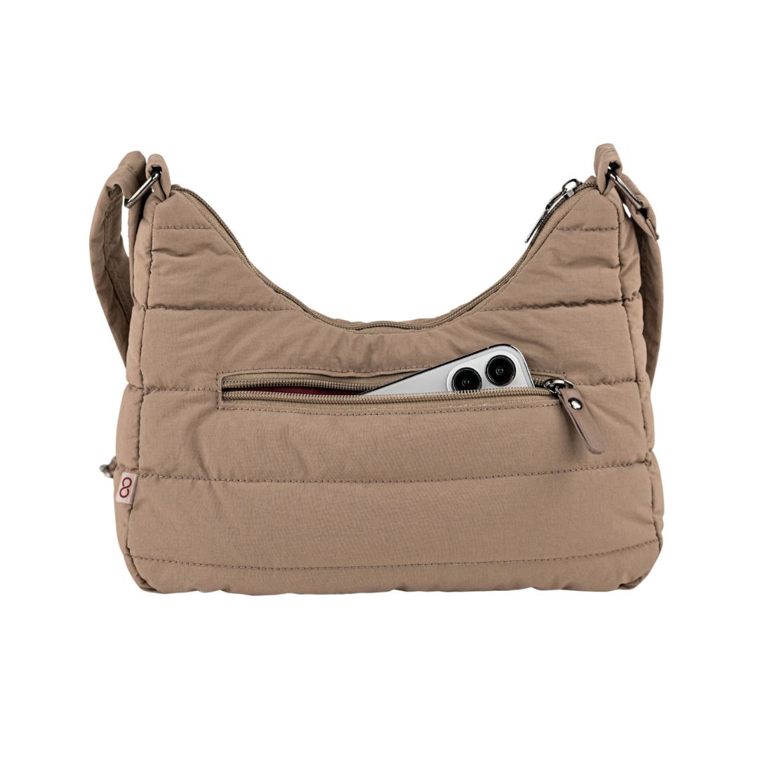 Bolso bandolera skpat acolchado beige detalle de bolsillo trasero